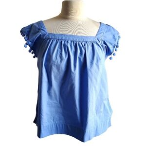 J.Crew Blue Square Neck Pom Pom Trim Cap Sleeve Cotton Summer Top Size 4